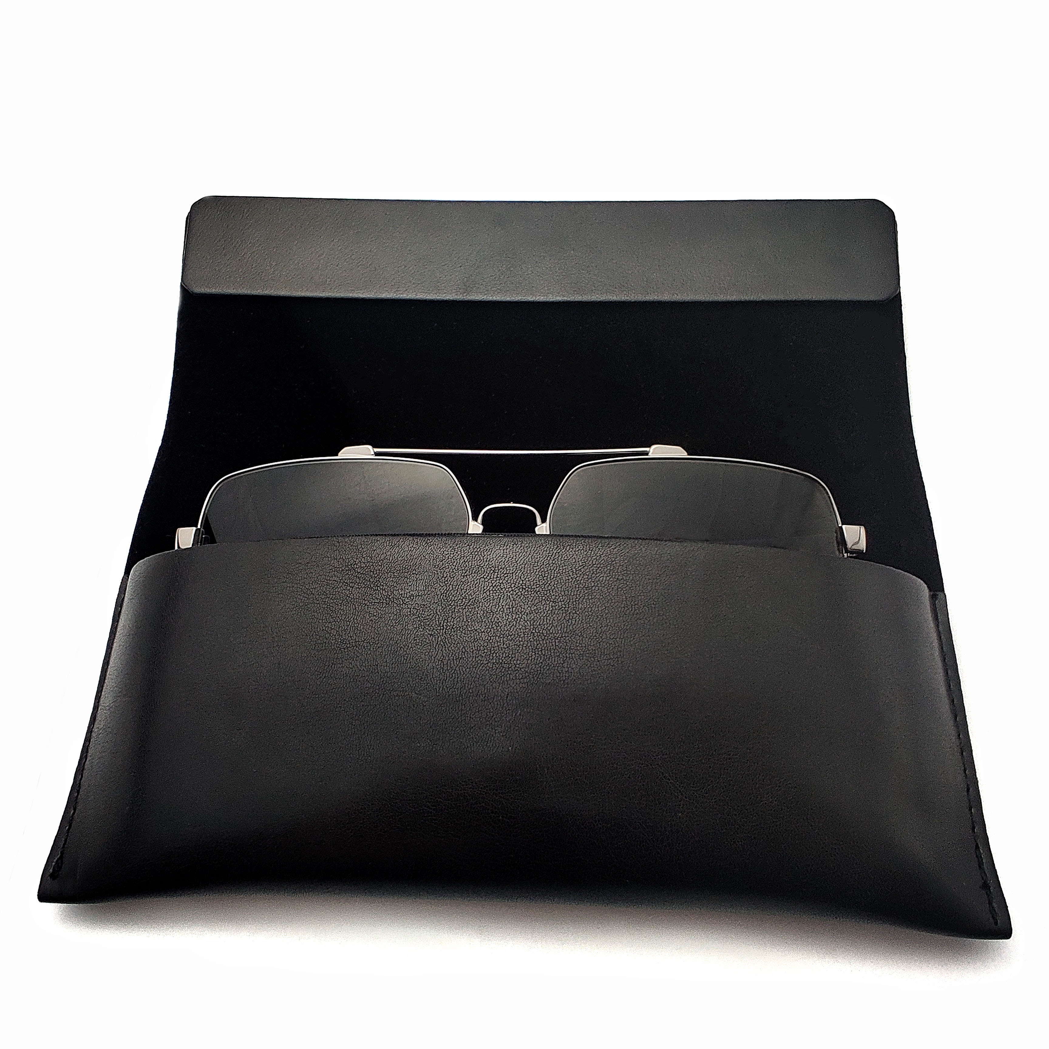 Black hidden button magnetic leather custom glasses case smooth high-end Foldable Box 